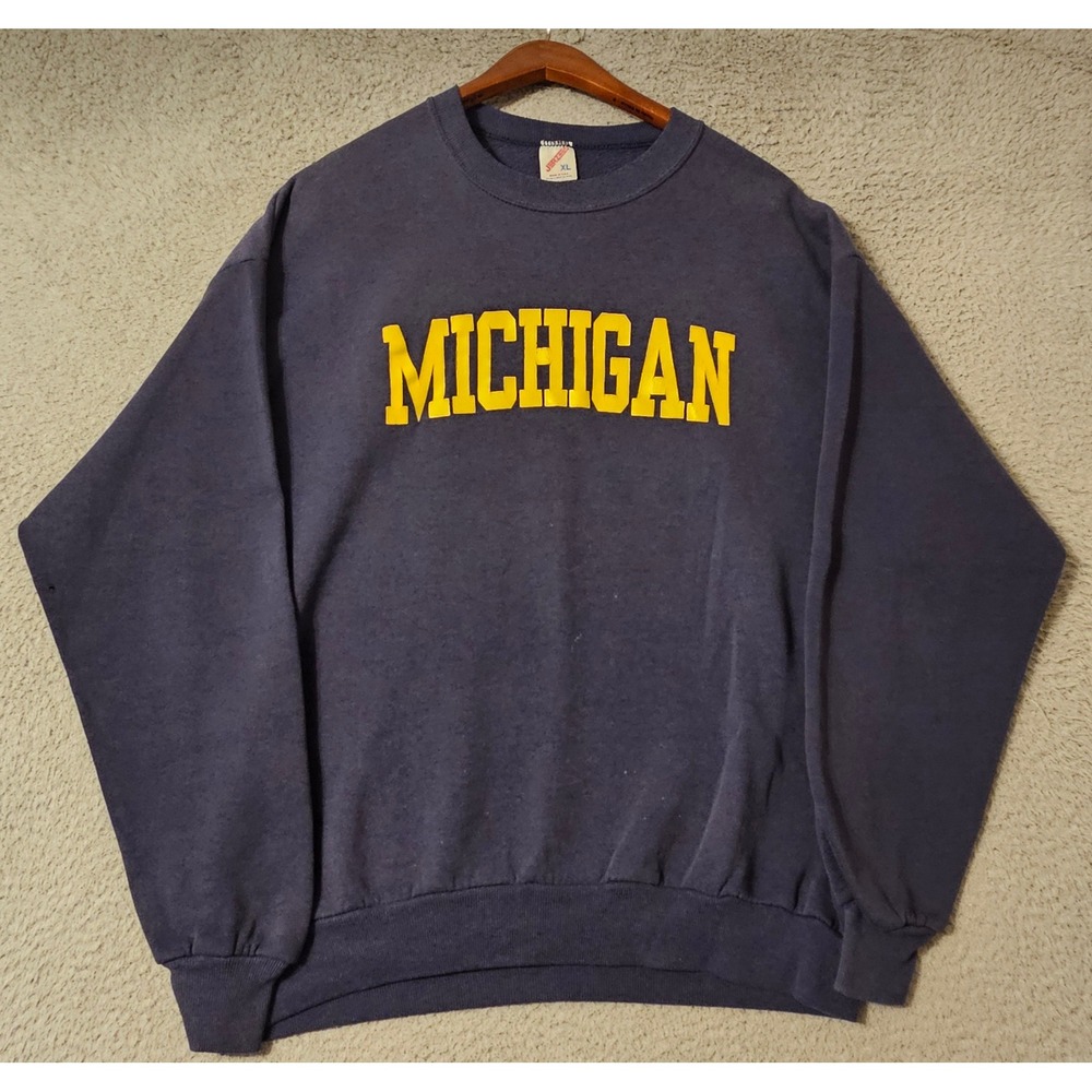 Vintage Jerzees Michigan Sweatshirt Mens XL Navy Blue Made in USA Crewneck 90s